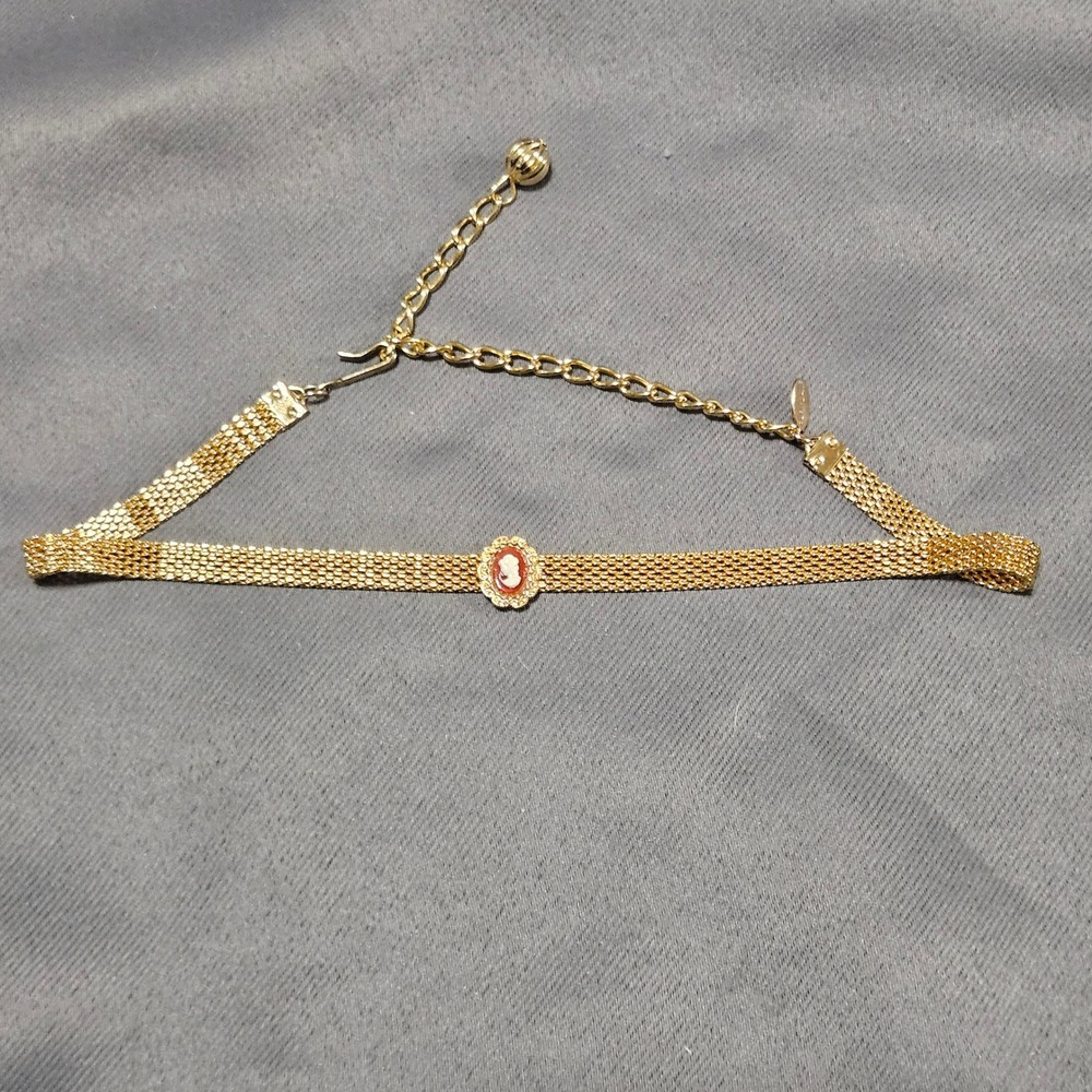 Park Lane Vintage Gold Tone Mesh Cameo Choker Necklace Adjustable 16 inch